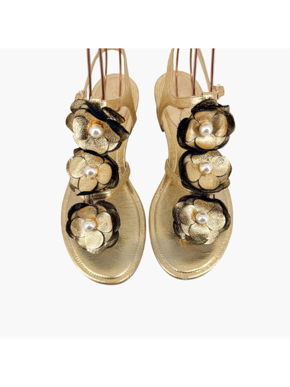 Chanel Camellia Pearl T-Strap Sandals Gold Leather Size 37C US 6–6.5 Women Flat - Picture 3 of 15
